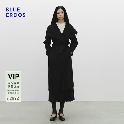 BLUE ERDOS春季新品摩登质感羊毛羊绒翻领黑色女大衣B256K4701