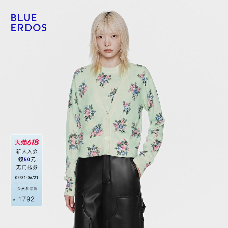 【100%山羊绒】BLUE ERDOS26早春新品复古印花短款V领针织开衫女
