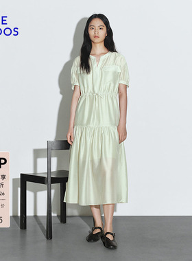 BLUE ERDOS 春季简约小V领抽绳设计衬衫式泡泡袖连衣裙B245I4045