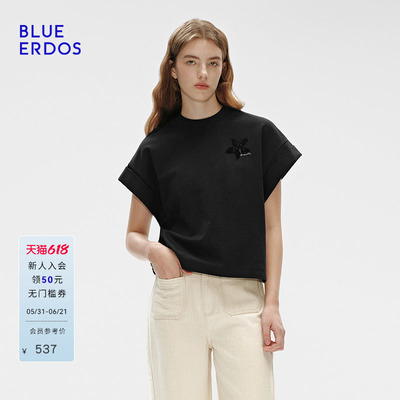 BLUE ERDOS夏季简约直筒舒适全棉落肩袖短袖T恤女B255H1017