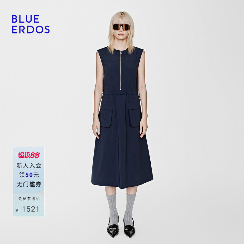 BLUE ERDOS26夏季新品简约休闲海军蓝无袖长款连衣裙女B2265I019