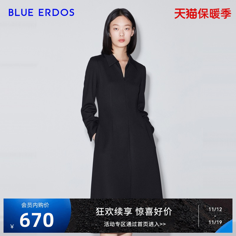 BLUE ERDOS秋冬羊毛混纺气质翻领中长款黑色长袖连衣裙女