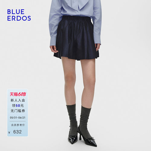 BLUE ERDOS 春季新品复古简约松紧腰藏青色显瘦女短裤B256M5003