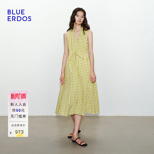 BLUE ERDOS2026夏季新品度假风黄色格纹气质V领无袖连衣裙女