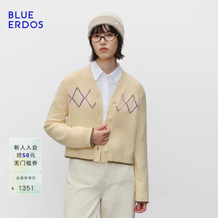 新品 BLUE ERDOS 春季 B256A1710 复古学院风V领菱形刺绣女开衫
