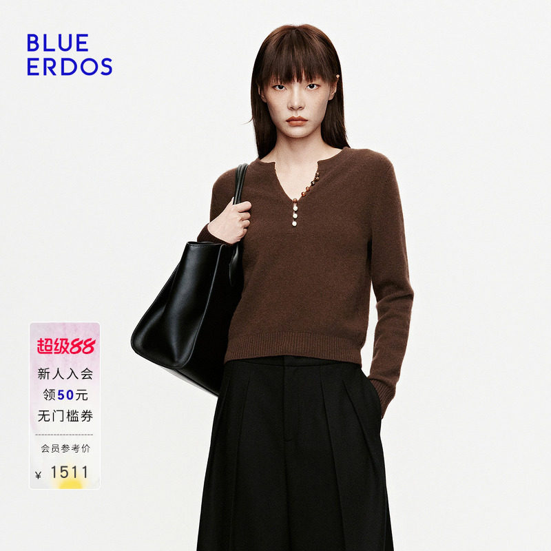 BLUE ERDOS2026秋冬新品长袖针织衫山羊绒混纺简约松弛V领上衣女图片