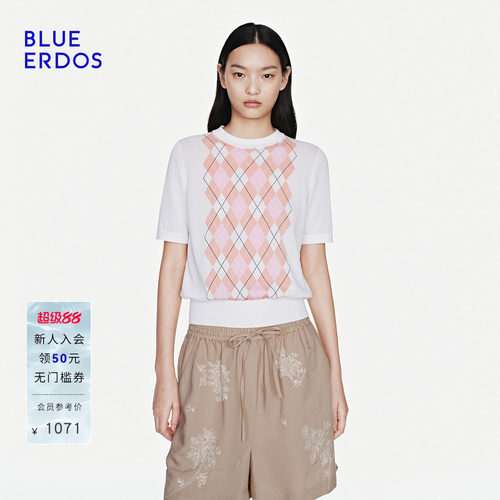 BLUE ERDOS2026夏季新品复古学院风棉混纺粉白菱格半袖圆领套衫女