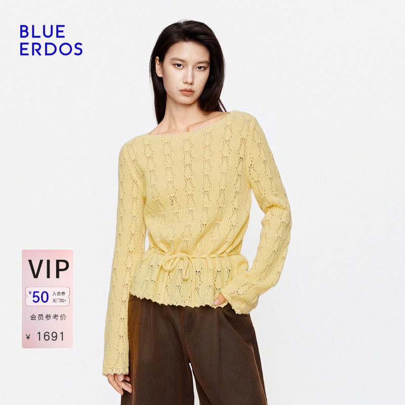 BLUE ERDOS2026秋冬新品镂空针织衫山羊绒混纺气质慵懒长袖上衣女