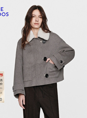 BLUE ERDOS冬季新品格雷系翻领茶驼色可拆卸毛领大衣外套女