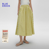 BLUE ERDOS春秋浅春系度假风松紧腰黄色格纹大A摆休闲裙裤