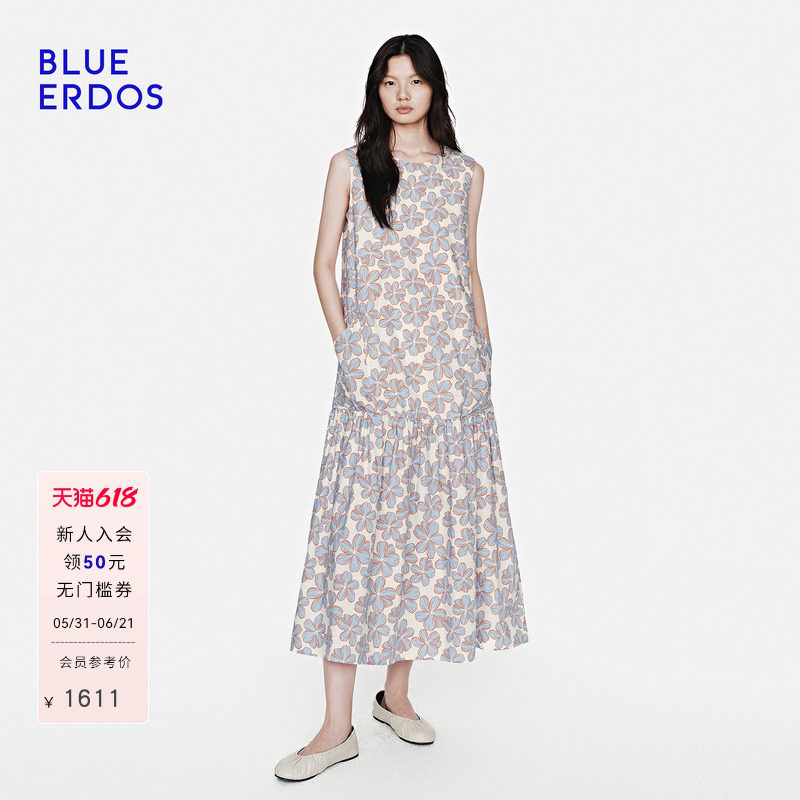 【100%棉】BLUE ERDOS2026夏季新品度假风印花褶饰下摆无袖连衣裙
