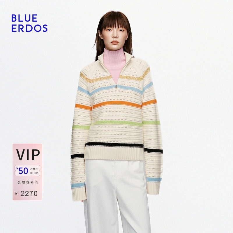 BLUE ERDOS2026秋冬新品镂空针织衫复古松弛山羊绒混纺翻领上衣女