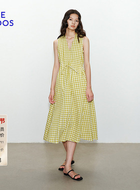 BLUE ERDOS春秋浅春系度假风黄色格纹气质V领无袖连衣裙