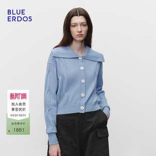 明星同款 100%山羊绒简约翻领绞花开衫 BLUE 新品 女 ERDOS春季