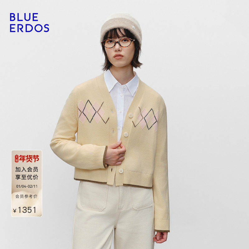 BLUE ERDOS 冬季新品复古学院风V领菱形刺绣女开衫B256A1710,女装/女士精品,羊绒衫,淘宝优惠券,粉丝福利购,淘宝优惠卷