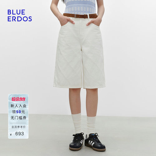 【100%棉】BLUE ERDOS春季新品复古提花工艺白色牛仔中裤五分裤