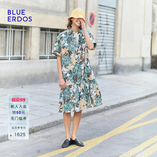 BLUE ERDOS夏季棉丝混纺花卉印花翻领连衣裙女B255I3008