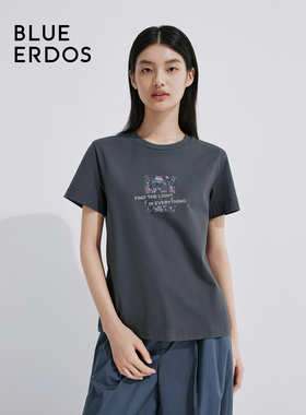 BLUE ERDOS 新款圆领纯色印花直筒短袖T恤女上衣B245H1031