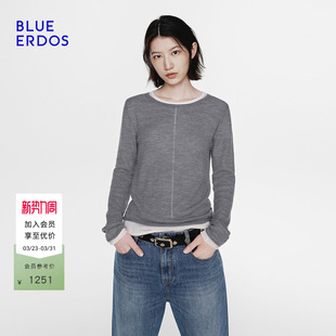 ERDOS2026早春新品 BLUE 休闲百搭撞色圆领女针织衫 100%绵羊毛