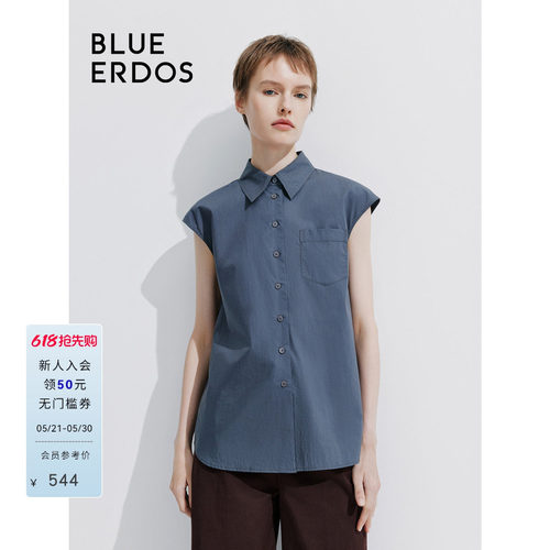BLUE ERDOS 新款通勤纯色翻领无袖纯棉衬衫女上衣B245HB033