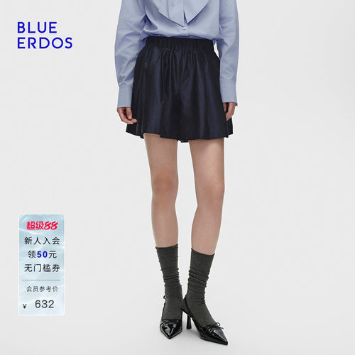 BLUE ERDOS 春季新品复古简约松紧腰藏青色显瘦女短裤B256M5003