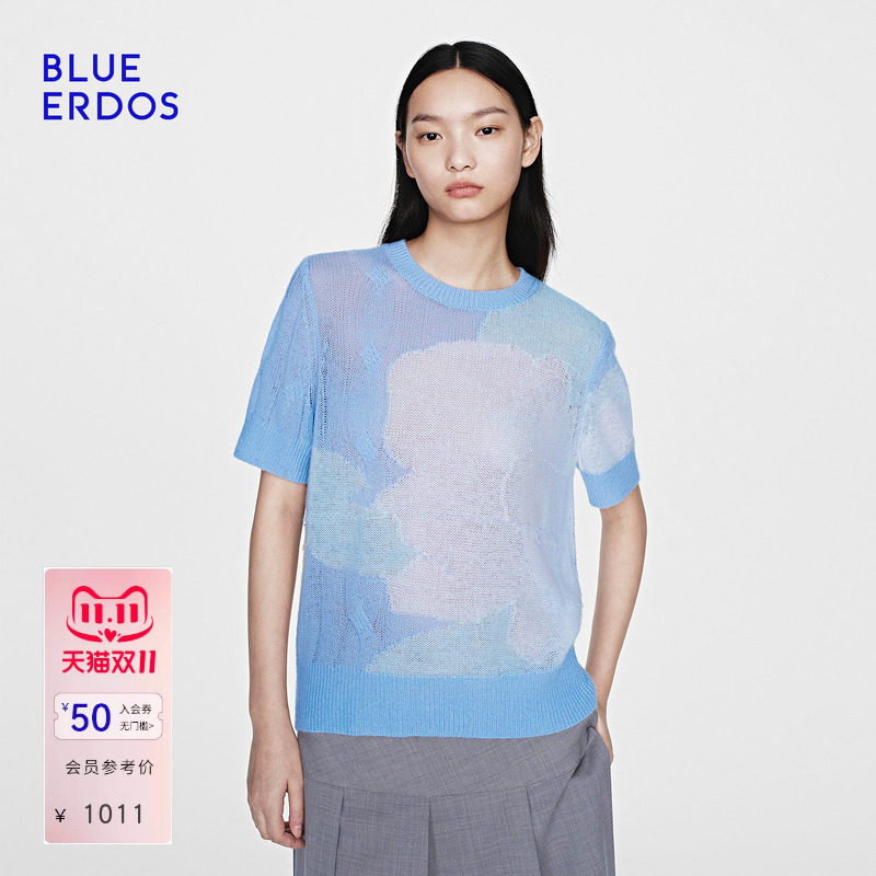 【空气羊绒】BLUE ERDOS26夏季新品羊毛羊绒混纺冰蓝提花半袖套衫