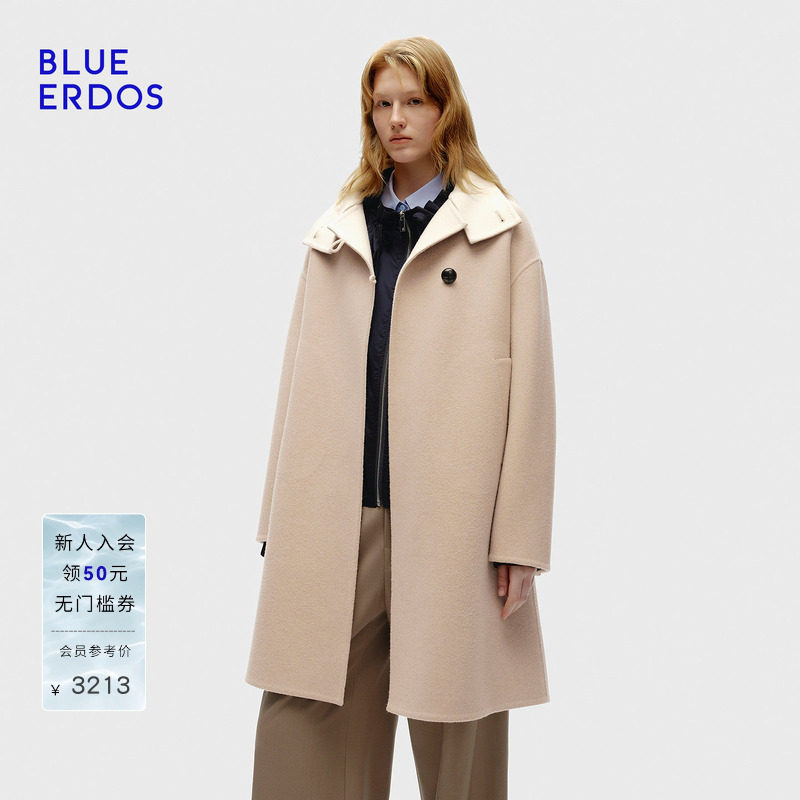 BLUE ERDOS春季新品智性通勤羊毛羊绒立领系带双面呢大衣外套女