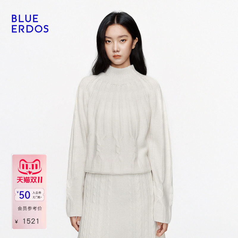 BLUE ERDOS2026秋冬高领羊绒羊毛混纺绞花女套衫简约高级感白色