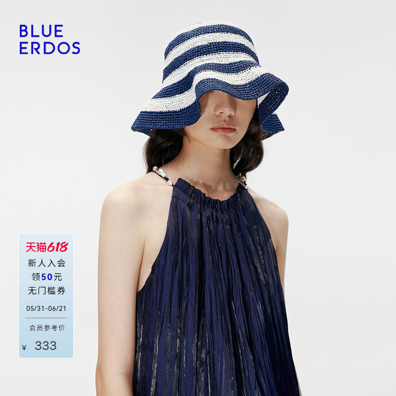 BLUE ERDOS 度假风条纹编织遮阳帽大帽檐草帽B255S7007