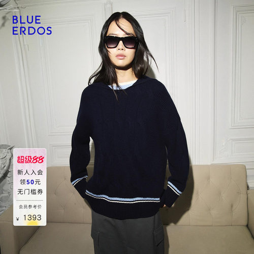 BLUE ERDOS 秋季高智航海风落肩宽松海军领绞花套衫B256A0056