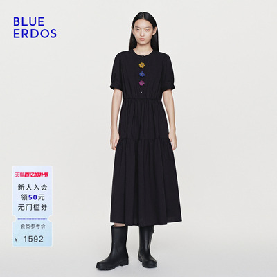 BLUE ERDOS26夏季新品都市通勤可拆卸手钩花层叠蛋糕式下摆连衣裙