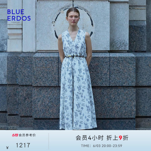 BLUE ERDOS夏季复古通勤无袖V领修身印花连衣裙B255I4020