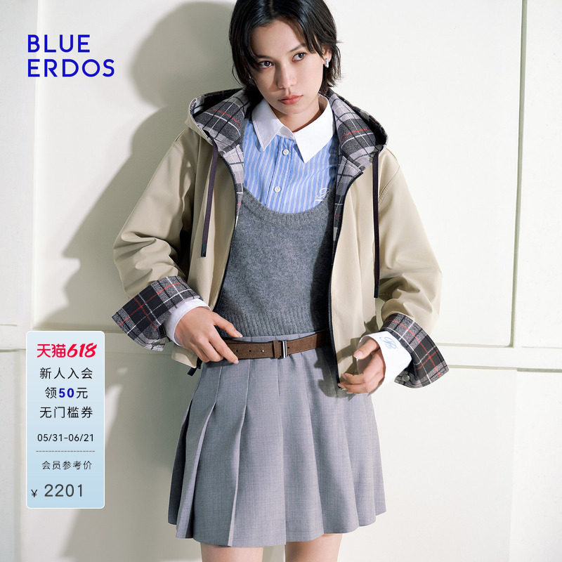 【100%棉】BLUE ERDOS26早春新品英伦风双面穿连帽拉链夹克外套女
