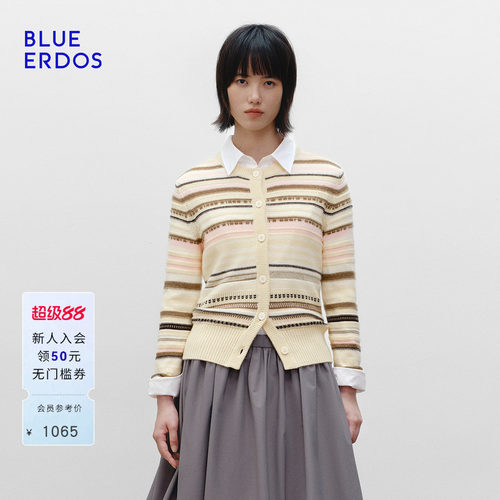 BLUE ERDOS 春季新品气质简约圆领黄粉条纹女开衫