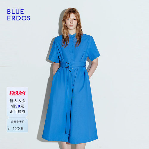 【100%棉】BLUE ERDOS 夏季简约克莱因蓝设计感连衣裙B245I3013