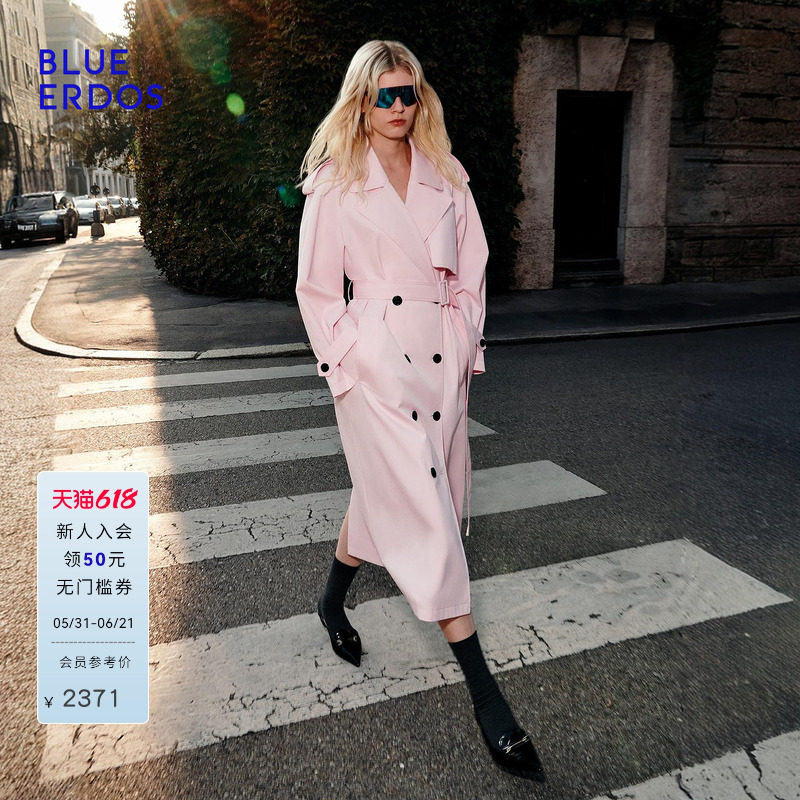 BLUE ERDOS2026早春新品休闲通勤棉混纺粉色双排扣风衣女外套