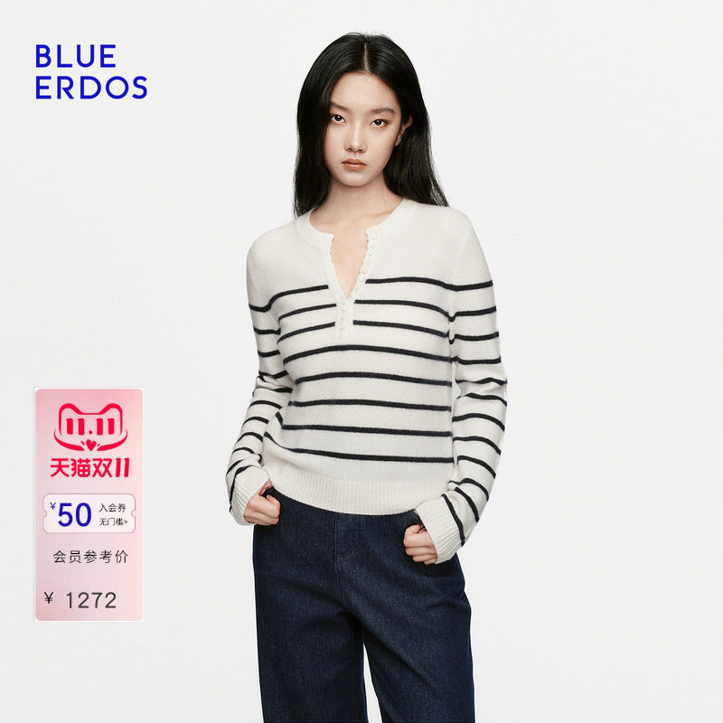 BLUE ERDOS2026秋冬新品条纹上衣休闲松弛山羊绒混纺圆领羊绒衫女