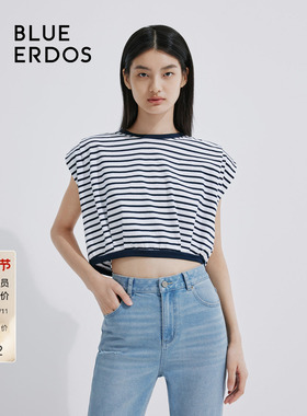 BLUE ERDOS简约条纹短款纯棉航海风无袖T恤女上衣B245H1027
