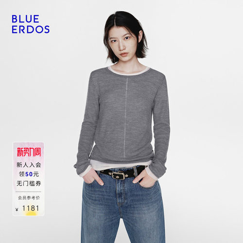 【100%绵羊毛】BLUE ERDOS2026秋季休闲百搭撞色圆领女针织衫