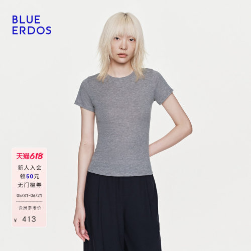 BLUE ERDOS26早春新品简约通勤绵羊毛混纺修身圆领短袖T恤女