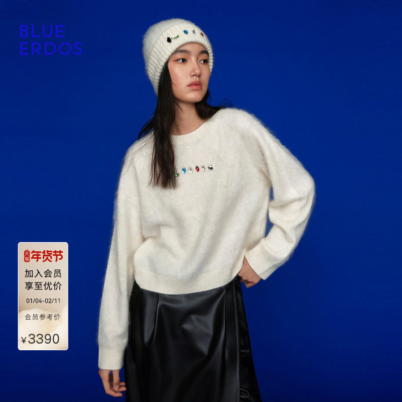 【100%山羊绒】BLUE ERDOS冬季新质感通勤彩钻装饰圆领羊绒衫女,女装/女士精品,羊绒衫,淘宝优惠券,粉丝福利购,淘宝优惠卷