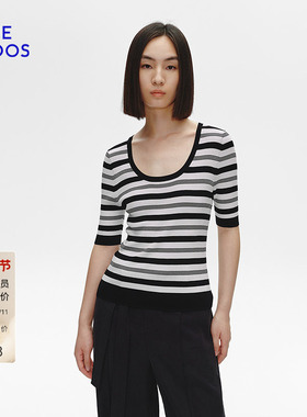 BLUE ERDOS冬季U领简约条纹修身弹力针织短袖T恤B255D0027