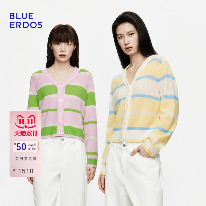 【100%羊绒】BLUE ERDOS2026秋冬新品元气感撞色条纹V领针织开衫