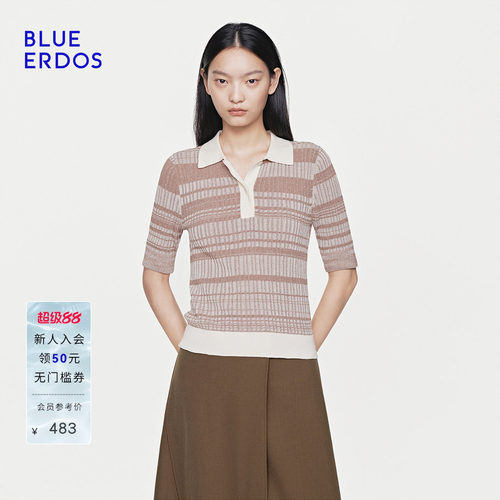【100%棉】BLUE ERDOS26春季新品休闲百搭撞色小翻领半袖针织衫女