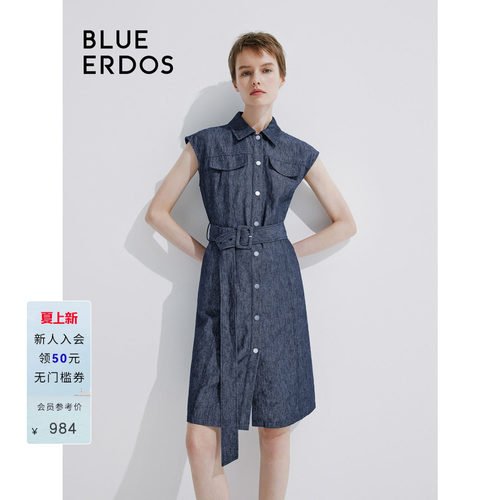 BLUE ERDOS 翻领无袖中长款仿牛仔感连衣裙B245I3027