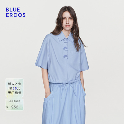 【100%棉】BLUE ERDOS26早春新品松弛感立体小花抽绳收腰短袖衬衫