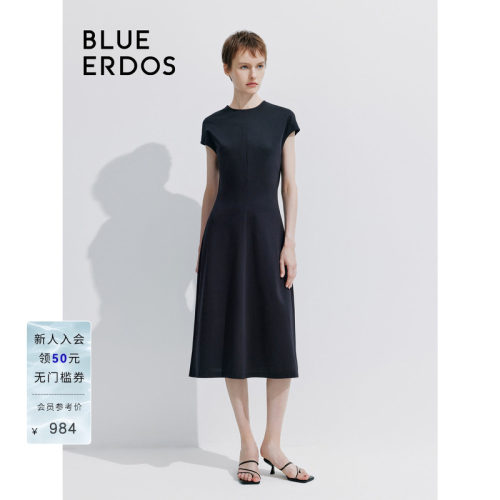 BLUE ERDOS 新款简约圆领纯色中长款短袖连衣裙B245D7029