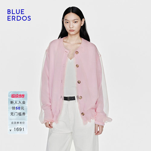 BLUE ERDOS 2026夏季新品设计感欧根纱拼接圆领长袖针织开衫女