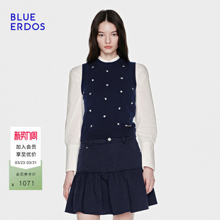 ERDOS26早春新心愿针织羊毛羊绒混纺刺绣背心女 BLUE 明星同款