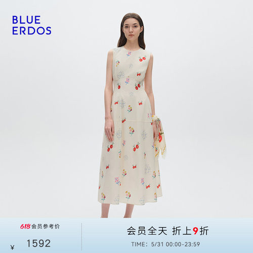 BLUE ERDOS夏季新品设计感连衣裙气质樱桃印花无袖背心长裙女